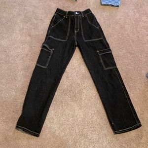 black jeans with white stitching